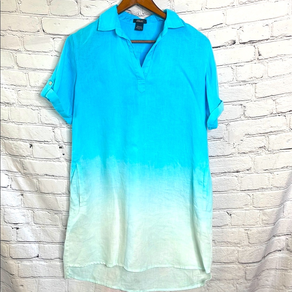 Pure Amici Linen Short Sleeve Blue and White Ombre Shirt Dress Size Small